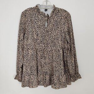 SHEIN Women's Blouse Size M Tiered Tan Black Leopard Cheetah Print Casual Modest